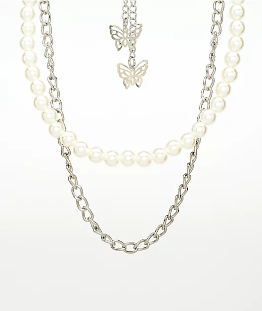 Petals and Peacocks Pearl & Butterfly 10\" Silver Chain & Pearl Necklace