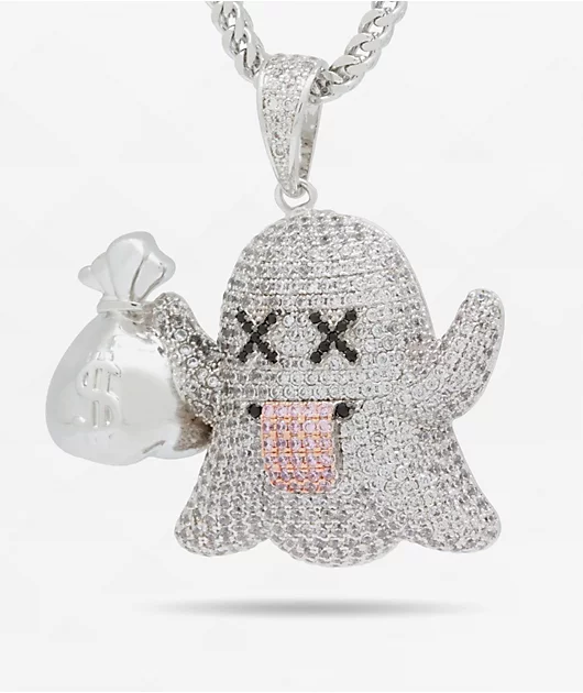 King Ice Money Ghost Emoji 20\" Silver Chain Necklace