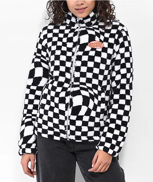 Broken Promises On My Own Black & White Checkered Sherpa Fleece Jacket