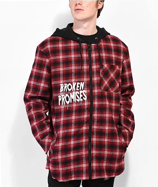 Broken Promises Love Is Lethal Red Hooded Flannel Jacket
