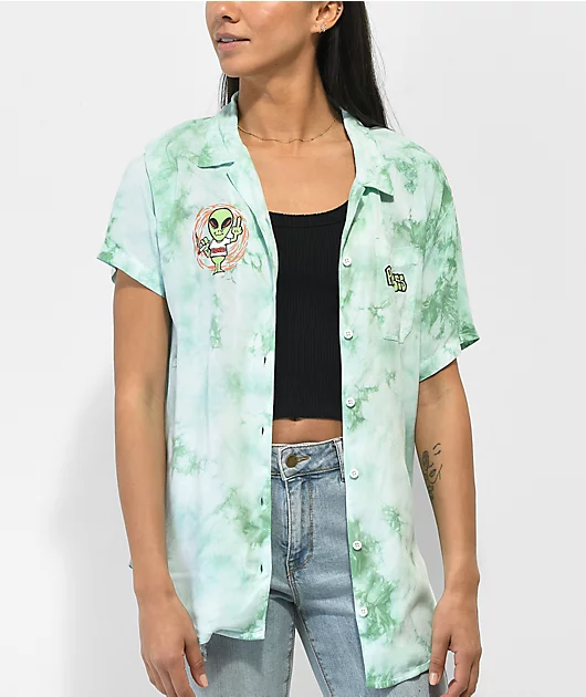 Broken Promises Outsider Green Tie Dye Short Sleeve Button Up Shirt