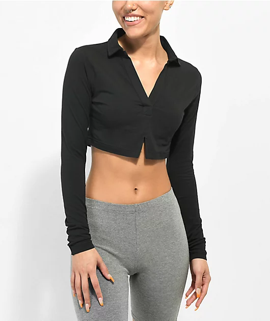 Reebok CL WDE Black Long Sleeve Crop Polo Shirt