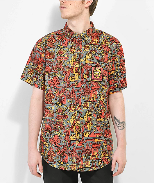 Killer Acid Party Animal Grey Short Sleeve Button Up Shirt