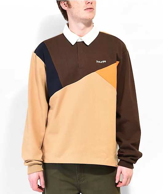 HUF Mixed Up Khaki & Brown Long Sleeve Polo Shirt