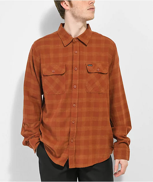 Brixton Bowery Flannel Rust & Copper Plaid Flannel Shirt