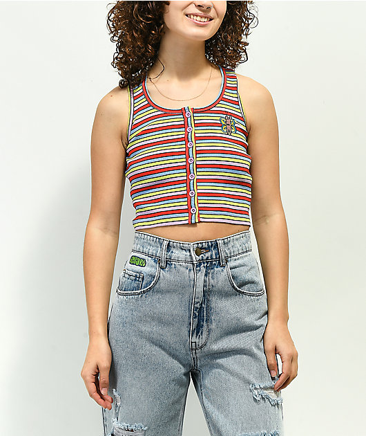 A.LAB Roscoe Red, Green & Purple Stripe Button Up Crop Tank Top