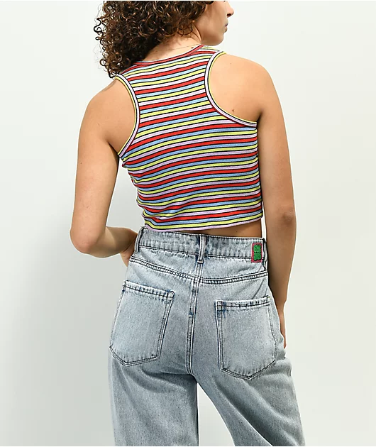 A.LAB Roscoe Red, Green & Purple Stripe Button Up Crop Tank Top