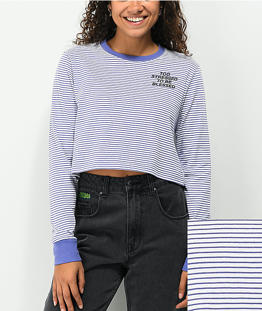 JV by Jac Vanek Too Stressed White & Purple Stripe Crop Long Sleeve T-Shirt