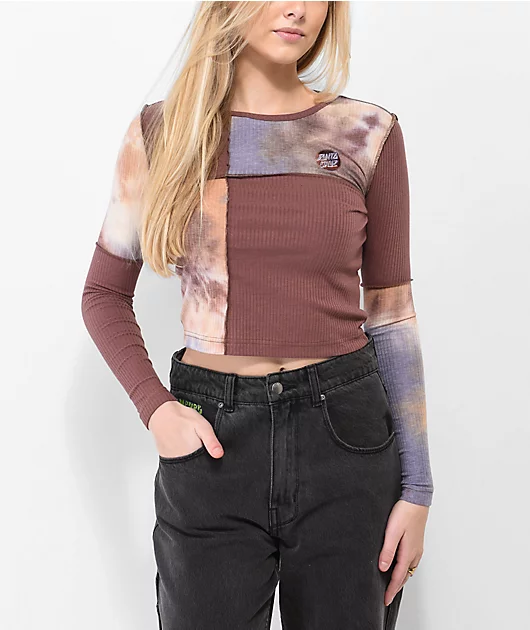 Santa Cruz Patchwork Dot Blocker Brown Long Sleeve Crop T-Shirt