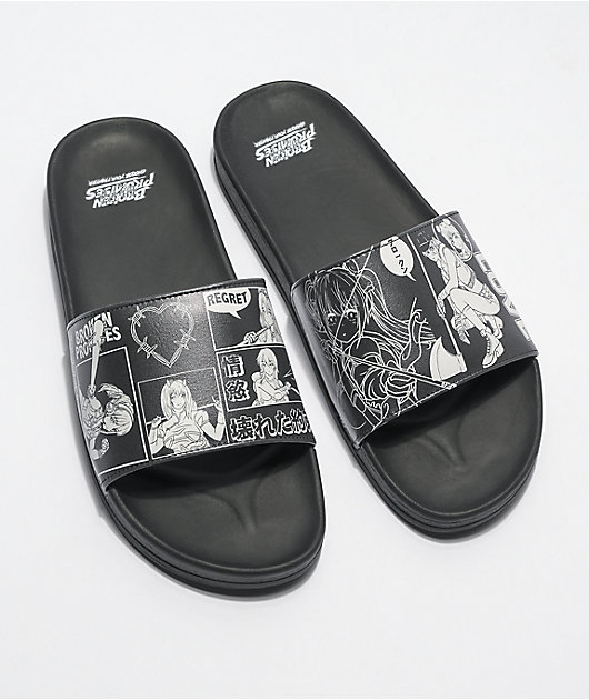 Broken Promises Arcade Mode Black & White Slide Sandals