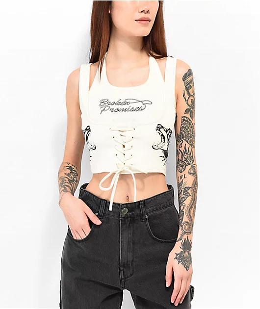 Broken Promises Lasso Lace Up Cream Layered Tank Top