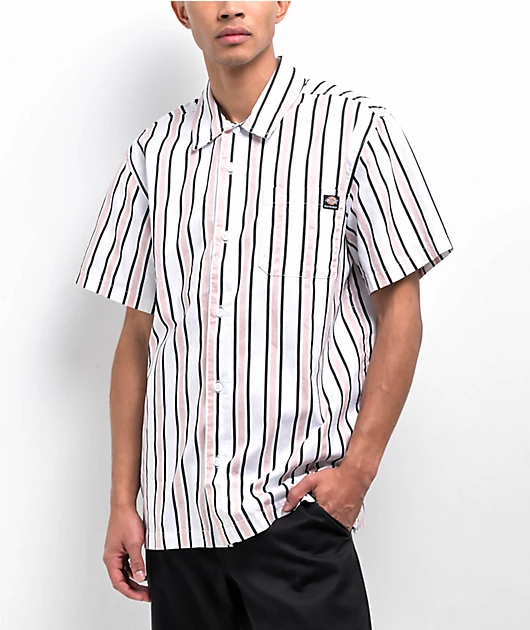 Dickies Skateboarding Relaxed Cooling White & Lotus Stripe Button Up Short Sleeve Shirt