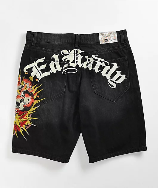 Ed Hardy Exploding Skull Black Denim Shorts