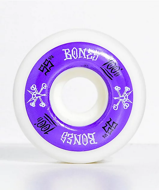 Bones 100 Ringers 55mm Pure White & Purple Skateboard Wheels