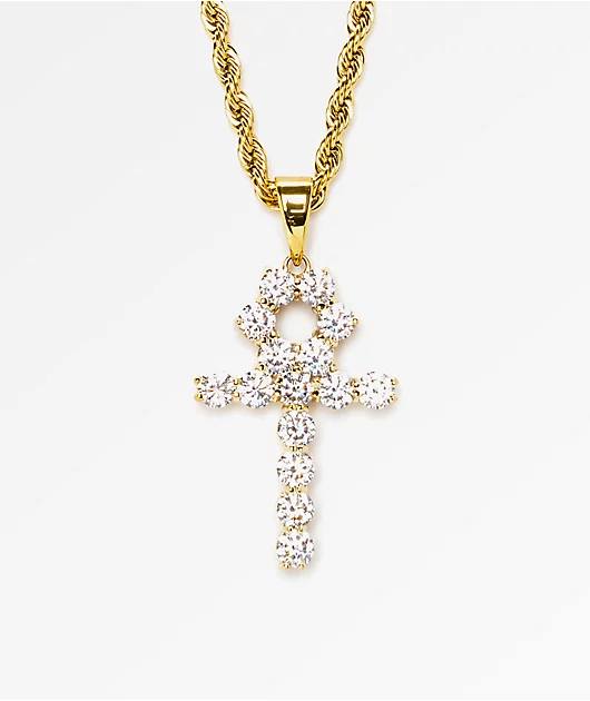 The Gold Gods Diamond Ankh Cross Pendant 22\"  Necklace