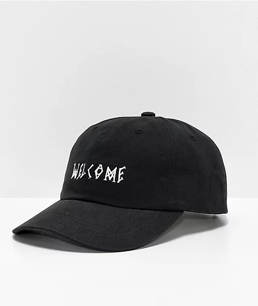 Welcome Scrawl Peached Black Strapback Hat