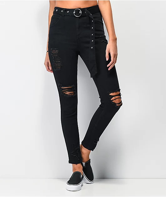 Almost Famous Belted Black Denim Jogger Pants