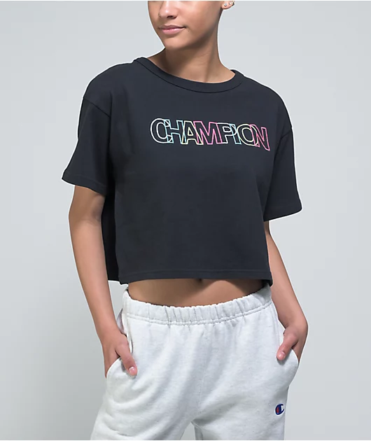 Champion Script Logo Black Crop T-Shirt