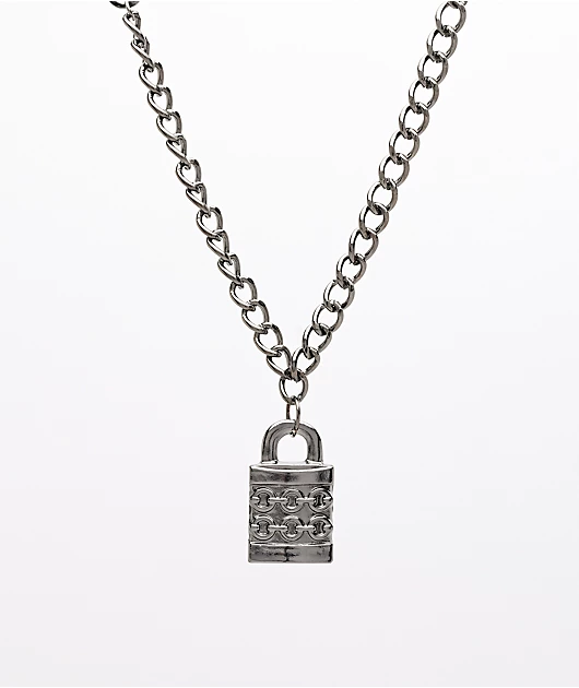 Stone + Locket Padlock Gunmetal 24\" Necklace