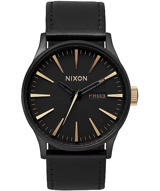 Nixon Sentry Leather Matte Black & Gold Watch