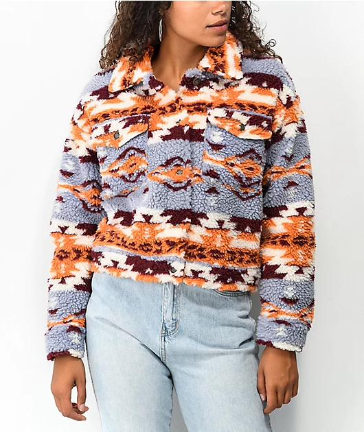 Khaki & Blue Sherpa Geometric Print Jacket