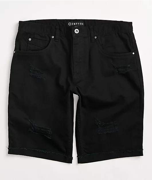 Empyre State Black Destroyed Denim Shorts