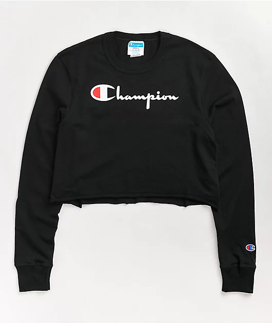 Champion Logo Script Black Crop Long Sleeve T-Shirt