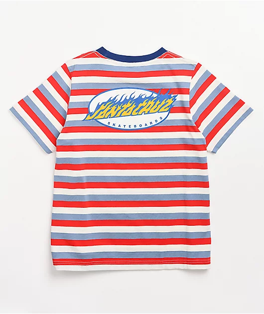 Santa Cruz Oval Flame Dot Blue, Red & White Stripe T-Shirt