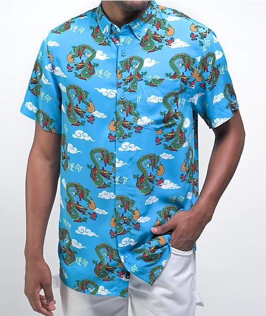 Empyre Feudal Flames Blue Short Sleeve Button Up Shirt