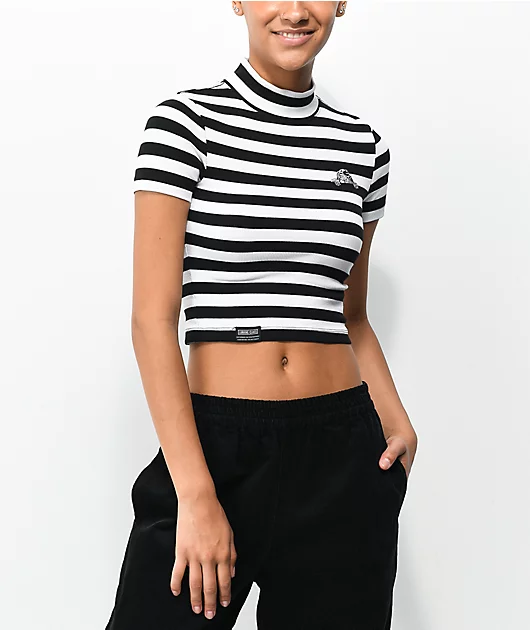 Lurking Class by Sketchy Tank Lurker Black & White Stripe Mock Neck Crop Top