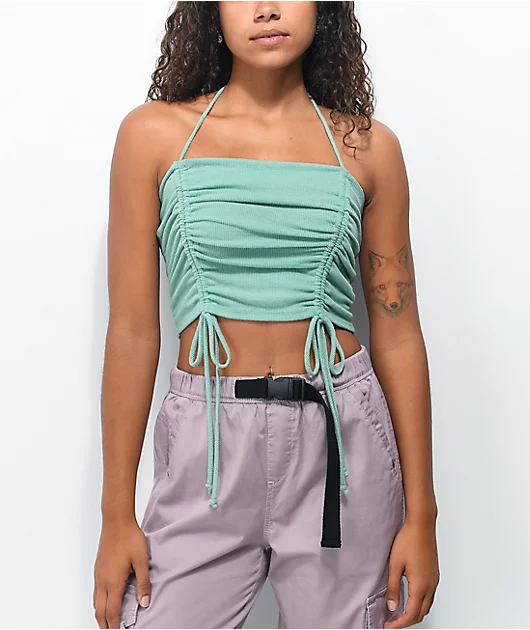 Lunachix Side Ruched Green Halter Tank Top