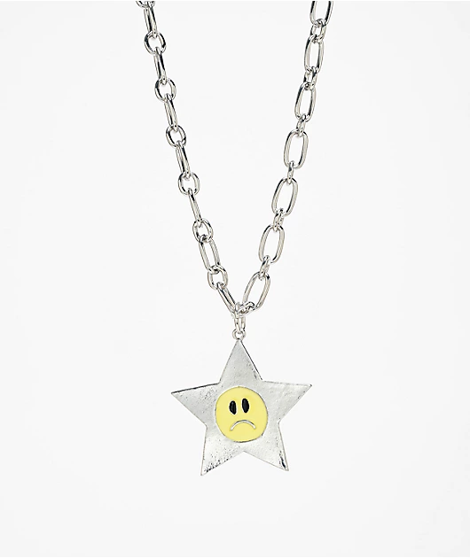 Stone + Locket Sad Star 20\" Silver Necklace