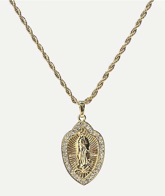 Saint Midas Guadalupe Crystal Pendant 20\" Gold Chain Necklace