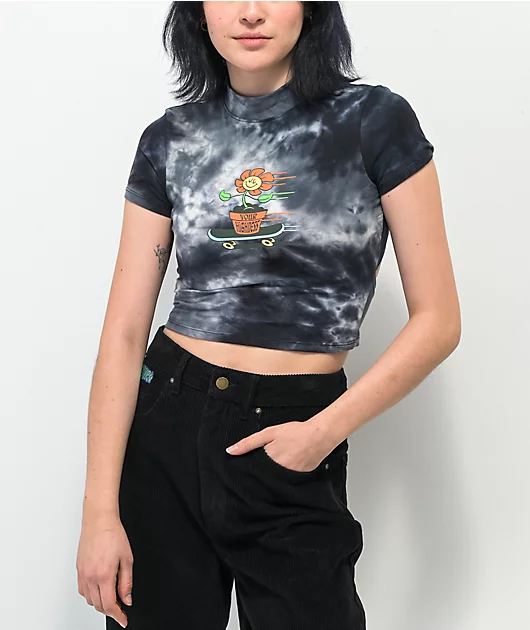 Your Highness Shredding Daisy Black Tie Dye Crop T-Shirt
