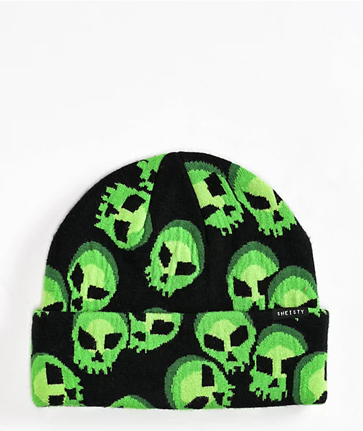 $hei$ty Green Skull Black Beanie