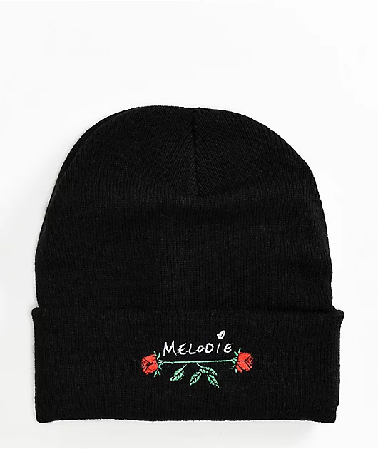 Melodie Double Rose Black Beanie