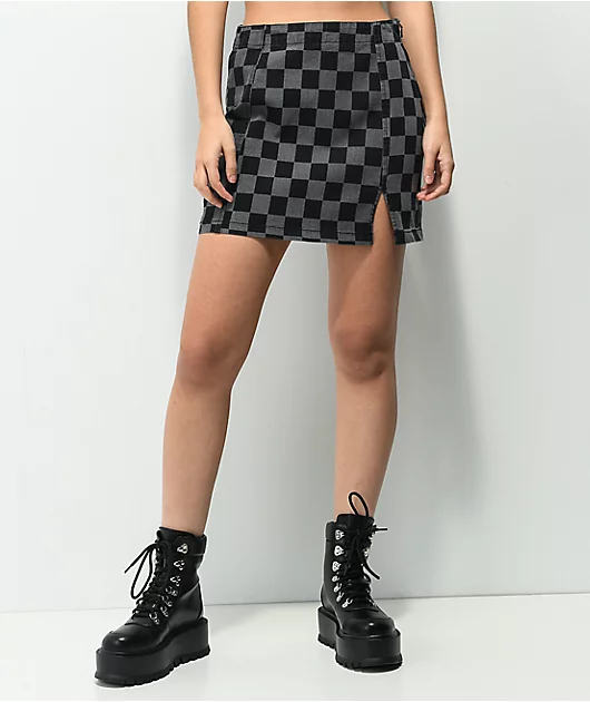 Angel Kiss Checkered Black & Grey Denim Skirt