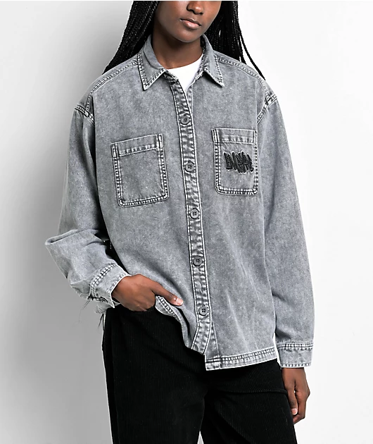 Empyre Akrin Grey Mineral Wash Long Sleeve Button Up Shirt