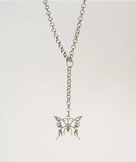 Stone + Locket Butterfly Drop Chain Necklace