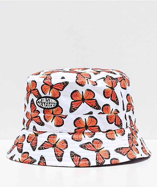 93560-petals-and-peacocks-butterfly-effect-white-bucket-hat-1.jpg Petals and Peacocks Butterfly Effect White Bucket Hat