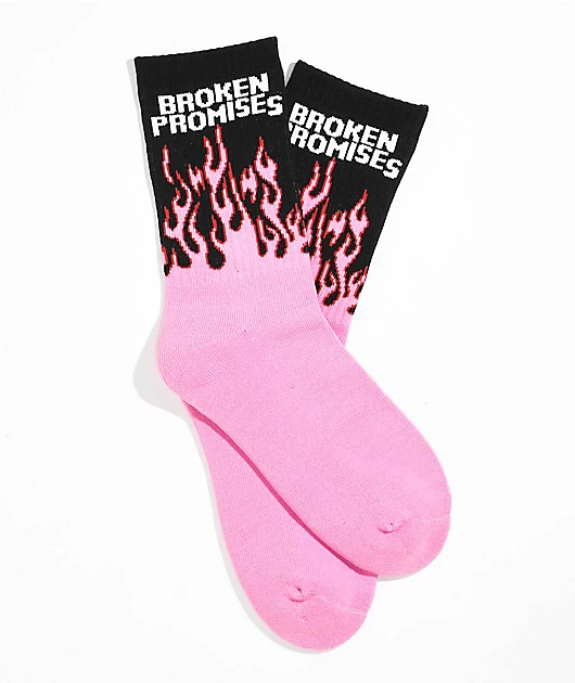 Broken Promises In Flame Black & Pink Crew Socks