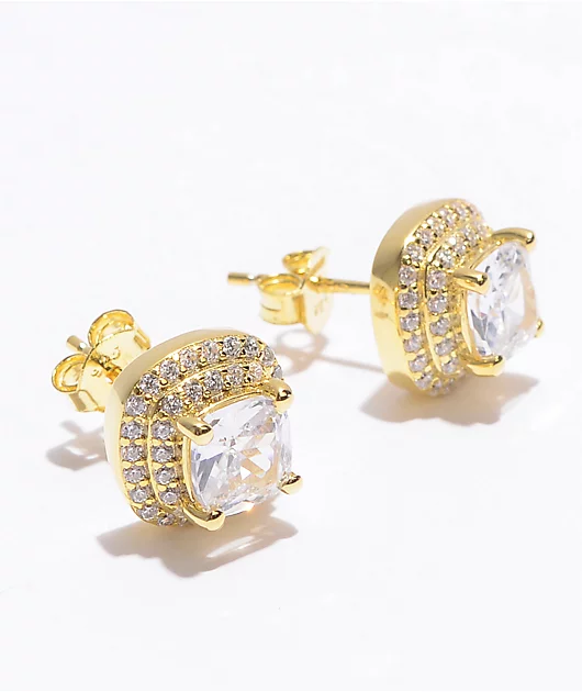 King Ice Iced Square Frame Gold Stud Earrings